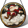 Stained Glass Window Hanging - Red White Santa Claus Clouds Suncatcher for Doors Home Christmas Decoration Sun Catcher Thanksgiving New Year Birthday Gifts for Friend Women Men Mom Nana 11.8 in