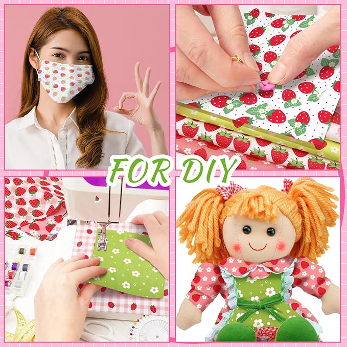 HunnmingRe 20 Pcs 10''x10'' Strawberry Quilting Fabric Square Summer Strawberry Quiltted Fabric Bundle Multicolor Precuts Printed Patchwork Supplies for Holiday DIY Sewing Craft
