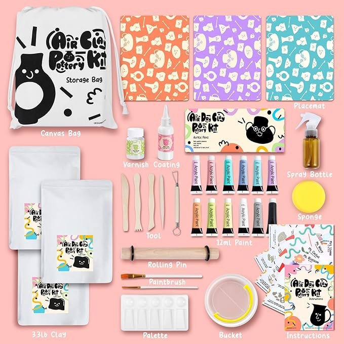 Air Dry Clay Pottery Kit for Adults, DIY Pottery Craft Clay Kit for Beginners, Sculpting Tools Set & Step-by-Step Guide, 12 Paints, Paintbrush, Varnish, Sponge, Kids Teen Party Birthday Christmas Gift