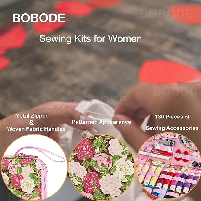 Rose Floral Sewing Kit with 130 PCS Sewing Supplies Accessory,PU Zipper Sewing Needles Set, Professional Travel Sewing Kit for Adults,Emergency, Home