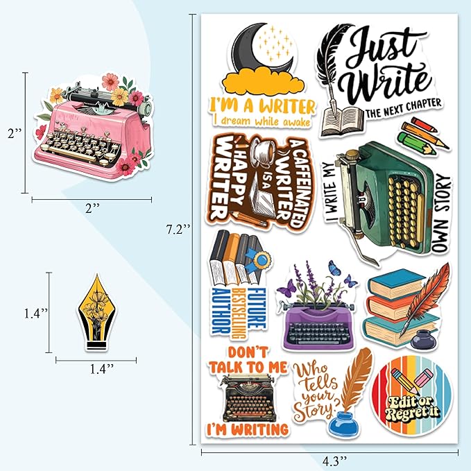 Writer Stickers 50 Pieces Writing Author Sticker Vinyl Waterproof Decal for Laptop Water Bottle Phone Car Window Stakeboard Scrapbook Gifts for Kid Teen Adult