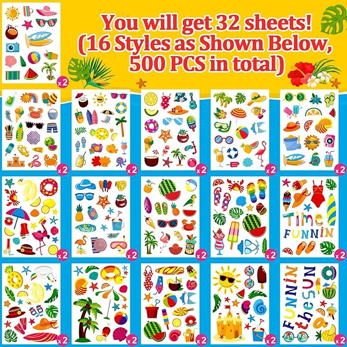 Partywind 32 Sheets Hawaiian Stickers for Party Decorations, Cute & Waterproof Stickers for Bottle/Scrapbook/Laptop & Beach Pool Party Supplies