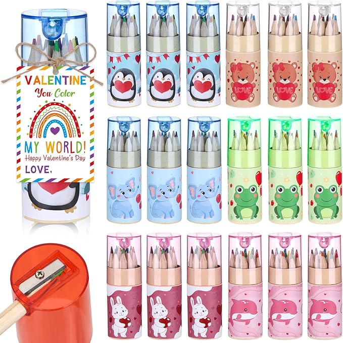36 Pack Valentine Mini Colored Pencils with Sharpener in Tube Valentine's Day Party Favor with Valentines Cards,Come with Jute Rope for Adults Writing Sketching Painting,12 Colors