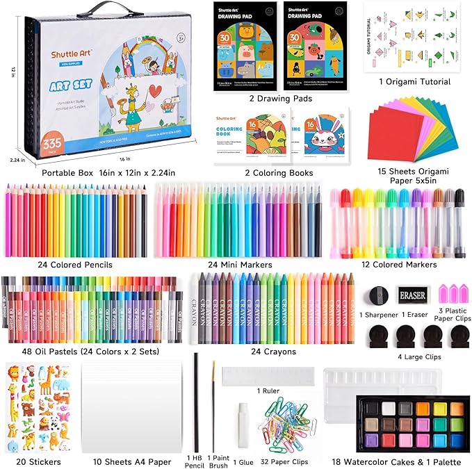 Shuttle Art 335 Piece Kids Art Set, Multi-Media Art Supplies, Gift Art Kit with Trifold Easel, 2 Drawing Pads, 2 Coloring Books, Oil Pastels, Crayons, Watercolors, Markers, Colored Pencils (Black)
