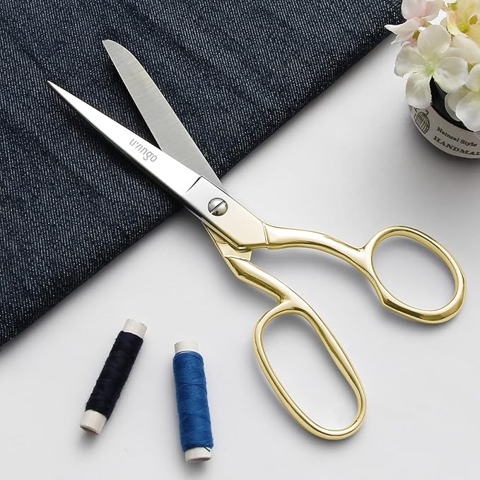 LIVINGO Professional Fabric Sewing Scissors: Multipurpose Heavy Duty Forged Stainless Steel Sharp Bent Blade Dressmaker Classic Cutting Leather Cloth Tailor Shears for Home - 8 inch Gold