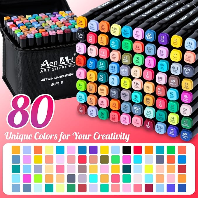 Alcohol Markers Set, 80 Color Dual Tip Art Drawing Markers, Artist Pens with Organizing Case for Adult Drawing Coloring Sketching