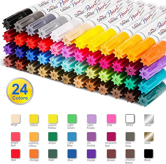 Overseas Paint Marker Pens - 24 Colors Permanent Oil Based Paint Markers, Medium Tip, Quick Dry and Waterproof Assorted Color Paint Pen for Metal, Wood, Plastic, Stone, Mugs, Canvas, Glass, Art Craft
