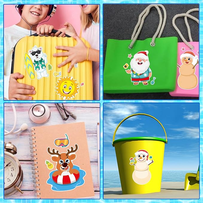 24 PCS Summer Stickers for Kids, July Christmas Make a Face Stickers, Make Your Own Mix and Match Sticker with Santa Claus, Reindeer, Penguin, Polar Bear and Snowman, Hawaii Tropical Beach Sticker