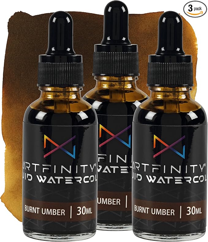 Liquid Watercolor Paint 30 ml Bottle - 3 Pack, Burnt Umber - Vibrant Dye-Based Liquid Watercolor w/Glass Pipette, Fast-Drying, Fine Art Paint for Calligraphy, Airbrushing & Traditional Art
