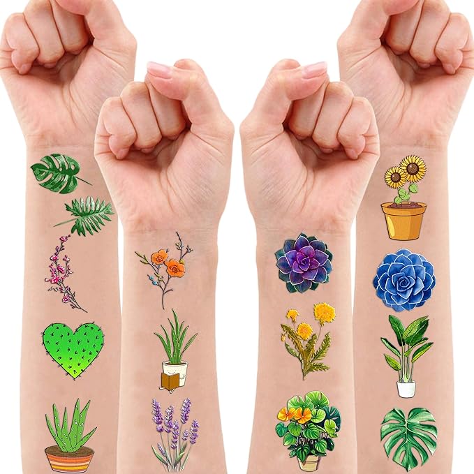 96 PCS Plants Save The Earth Day Pre-Cut Temporary Tattoos Themed Birthday Party Decorations Favors Supplies Décor Environment Tree Flowers Tattoo Stickers Gifts For Game Boys Girls Classroom School