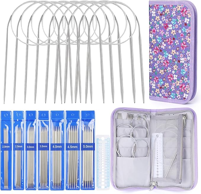 Coopay DPN Double Pointed Knitting Needles Set(2.0-6.0mm), Magic Loop 40 inch Circular Knitting Needles Set, Short Socks Knitting Needles, Fixed Cables Circular Needles, 45pcs Knitting Tools with Case