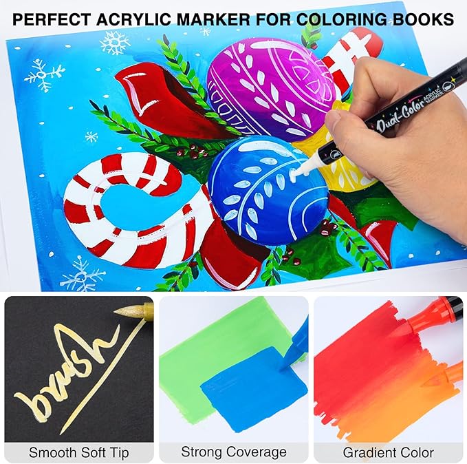 120 Colors Acrylic Paint Markers，60 Pack Acrylic Paint Pens with Dual-Color Brush Tips, Quick-Drying, No Bleeding, Waterproof for Pumpkin,Rocks,Glass,Wood,Plastic,Metal,Coloring Book
