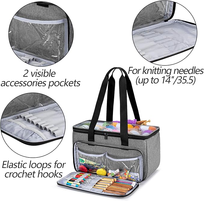 Yarwo Knitting Yarn Bag, Crochet Tote with Pocket for WIP projects, Knitting Needles(Up to 14”) and Skeins of Yarn, Gray with Arrow (Bag Only)