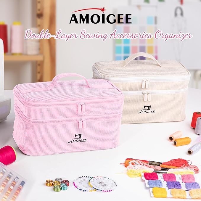 AMOIGEE Double-Layer Sewing Accessories Organizer with Pin Cushion – Large Sewing Storage Bag for Thread, Notions & Tools – Portable Travel Sewing Tote for Quilting, Embroidery & Crafts Gift (BagOnly)