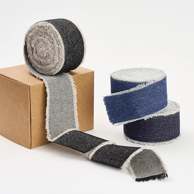 Dark Blue Denim Ribbon for Crafts Handmade Rustic Frayed Cotton Jean Fabric Ribbon for Flower Bouquet 15 Yards 1 1/2 Inch Cloth Ribbons for Gift Wrapping Hair Sewing Accessories Holiday Decor