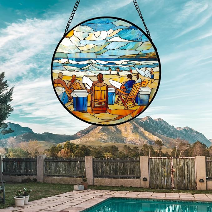Stained Glass Window Hanging 4 Pcs Set Blue Ocean Surfing Beach 9.8" - Suncatcher Door Garden Sun Catcher Decor Birthday Mother's Day for Firefighte Men Woman Nana Mom