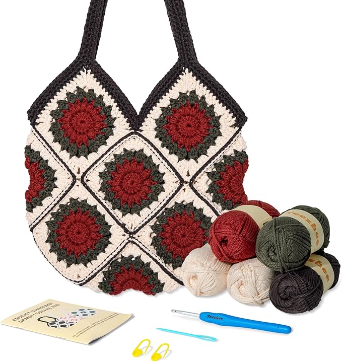 Yeezhee Crochet Kit for Advanced or Intermediate Beginners, Crochet Bag Kit with Step-by-Step Video Tutorials, Granny Square Crochet Tote Bag Set, Knitting Kit Including Yarn, Crochet Hook, Camellia
