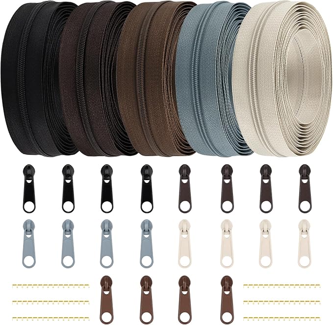 DOITEM 3 mm Nylon Endless Zipper Set with Slider - 14 Meter, 12.5 Yard, 5 Colors