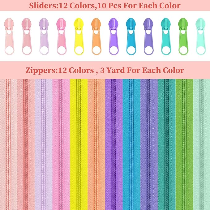 Syhood 36 Yards 12 Pieces #5 Sewing Zippers Tapes Assorted Nylon Lightweight with 120 Plastic Zipper Sliders for Women Men Sewing Supplies(Dopamine Color)