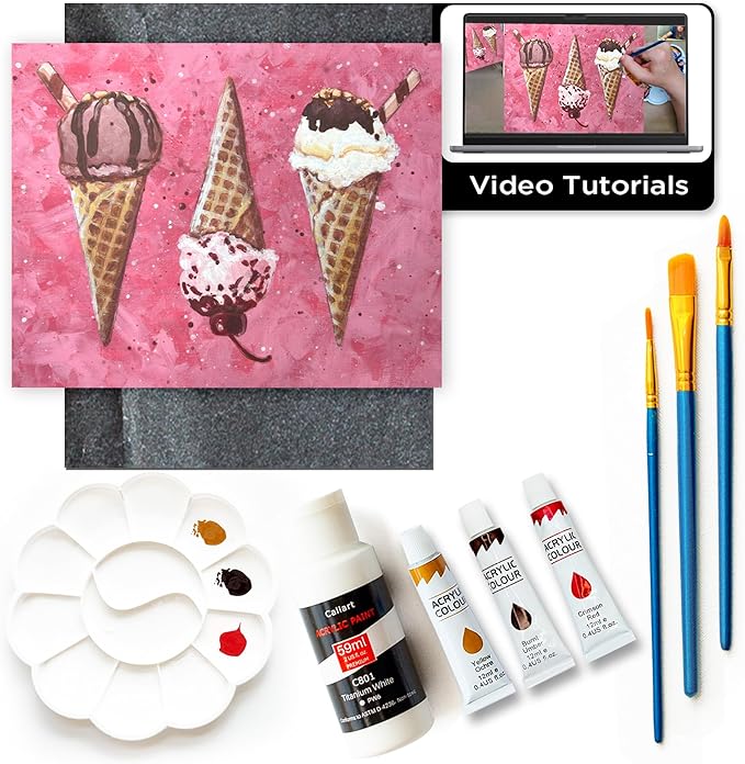 Painting4Real DIY Art Painting Kit for Adults – Learn to Paint Ice Cream Cones with Video Tutorials – 9 Pieces Acrylic Paint Set for Adults –Perfect Christmas Crafts & Holiday Gifts for Art Lovers