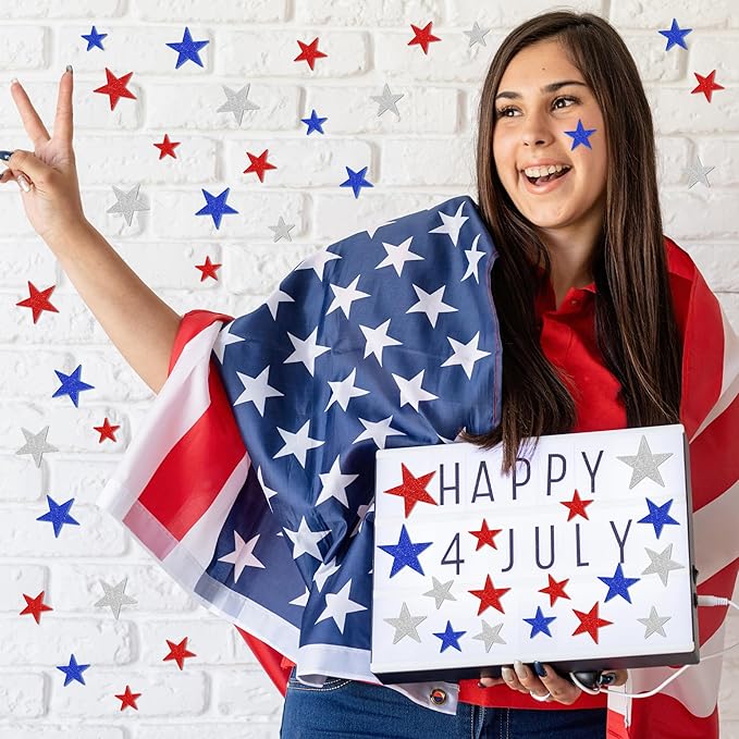 300 PCS 4th of July Star Stickers, Red Silver and Blue Glitter Stickers, Patriotic Self Adhesive Foam Stickers for Fourth of July Parade Party Accessories Decor Memorial Day Arts Craft Supplies