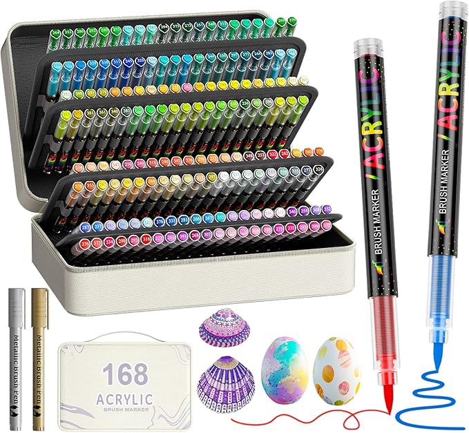 DICEKOO 168+2 Colors Acrylic Paint Markers with Carrying Case, Soft Brush Tip Acrylic Pens, Smooth Writing, Quick-Drying, Lightfast, for Rock Painting, Canvas, Wood, Egg & DIY Crafts Art Supplies