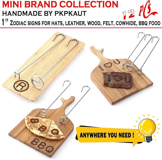 12Pcs Mini 1" Branding Irons, Zodiac Signs Custom Wood Branding Iron Personalized for Wood Working, Leather Hats, Felt, Cowhide, BBQ Brander & Bread Logo, Steak Branding Iron for Food
