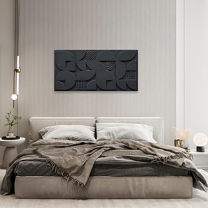 NANKAI Art 24x48 inches Hand-Painted Black Three-Dimensional Textured Abstract Contemporary Minimalist Style Canvas Oil Painting. Decorative Wall Painting for Home, Office or Corridor