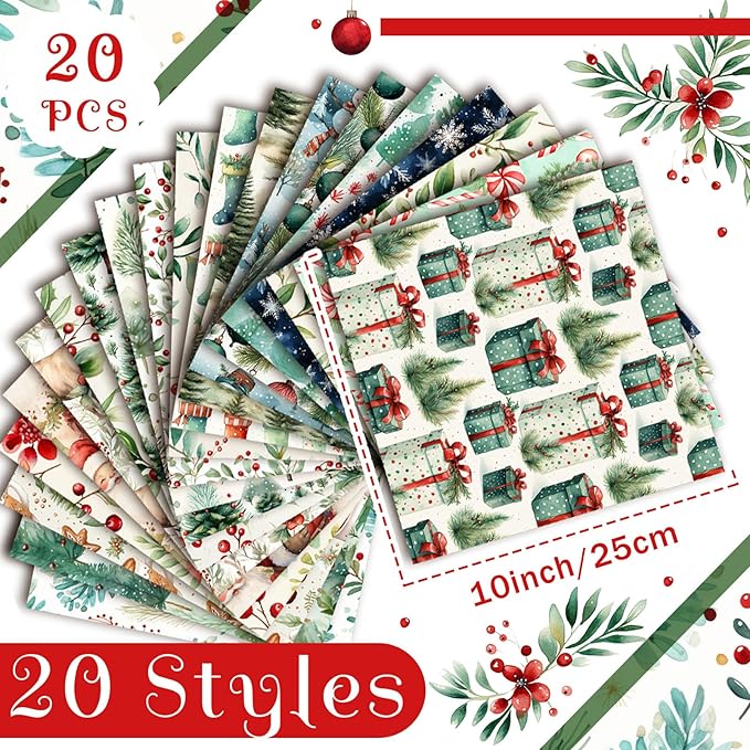 HunnmingRe 20 Pcs 10''x10'' Watercolor Christmas Quilting Fabric Square Santa Red Berry Reindeer Quiltted Fabric Bundle Multicolor Precuts Printed Patchwork Supplies for Xmas Holiday DIY Sewing Craft