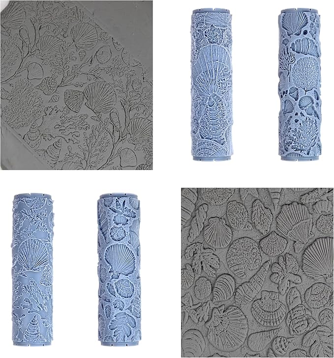 Shells and Seafloor Collection 4-Pack Clay Texture Rollers (4") - Seamless Ocean Set #01 - Embossing Pattern Rollers for Polymer & Ceramic Clay, Pottery & Crafts