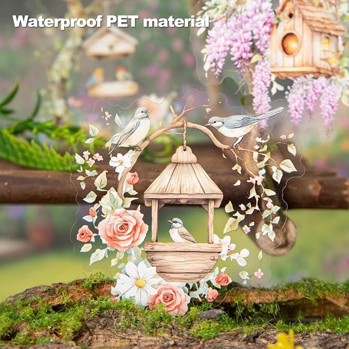 60PCS Birdhouse PET Stickers, Nature Bird Nest Scrapbook Stickers for Journaling, DIY Crafts and Planner Decoration, Transparent Waterproof Junk Journal Supplies