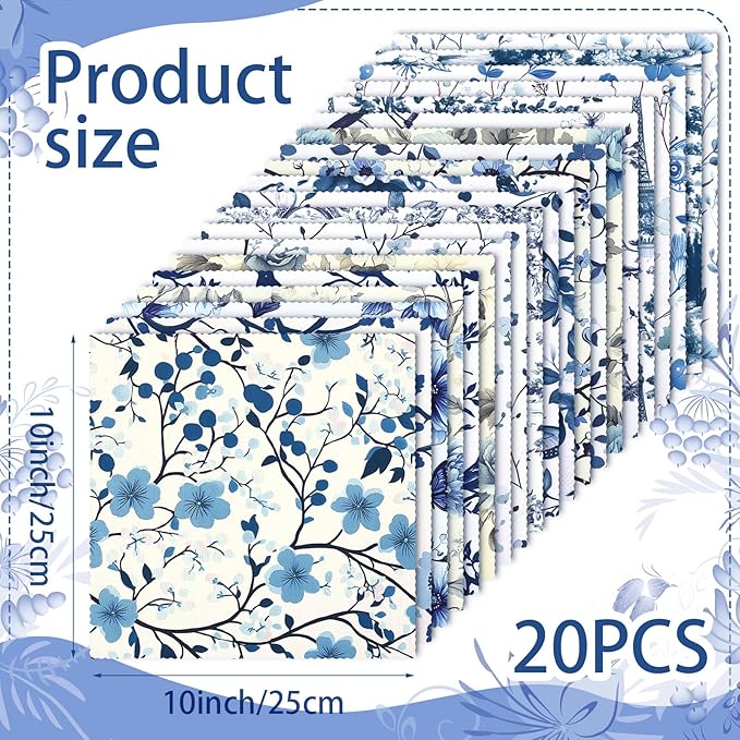 HunnmingRe 20 Pcs 10''x10'' Blue and White Floral Quilting Fabric Square Bundle Chinoiserie Precut Quiltted Fabric Floral Printed Patchwork Supplies for Handmade Patchwork DIY Sewing Material Craft