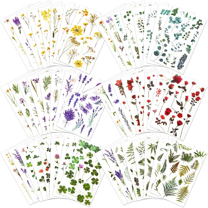722 Pieces Pressed Flower Stickers for Crafts (Assorted 722 Pieces,48 Sheets) Flower Sticker for Crafts for Resin Dried Floral Sticker Cute Scrapbook Craft Stickers for DIY Journal Notebook