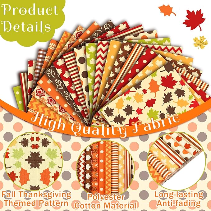 HunnmingRe 20 Pcs 10''x10'' Fall Quilting Fabric Square Thanksgiving Maple Leaf Stripes Dots Quiltted Fabric Bundle Multicolor Precuts Printed Patchwork Supplies for Autumn Harvest DIY Sewing Craft
