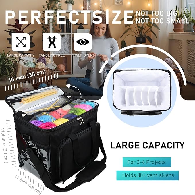 Hoshin Knitting Bag for Yarn Storage, High Capacity Yarn Totes Organizer with Inner Divider Portable for Carrying Project, Knitting Needles(up to 14”), Crochet Hooks, Skeins of Yarn (Black)