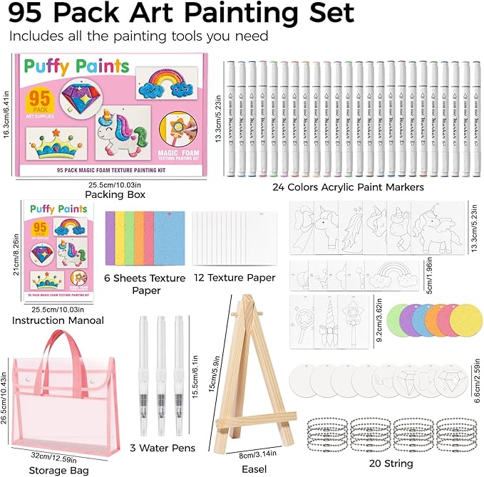 YUANNA 95 Pcs Magic Foam Texture Painting Kit, 3D Magic Puffy Paint Kits with 24 Acrylic Paint Markers & 45 Pcs Foam Texture Paper...DIY Bubble Drawing Art Supplies