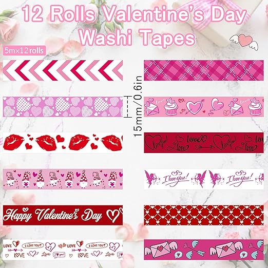 SANNIX 12 Rolls Valentine's Day Washi Tape 15mm Red Pink Love Valentines Masking Tapes Wedding Party Decorations for DIY Scrapbook Journal Card and Gift Wrapping