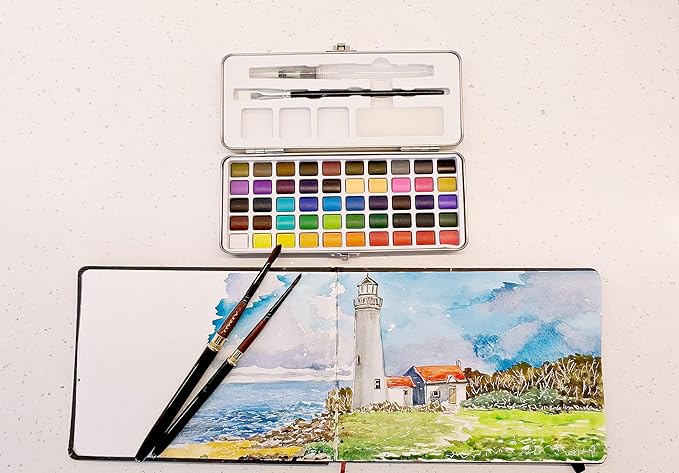 EG Liberty - 50 Color Watercolor Paint Set – Solid Watercolors in Durable Metal Tin – Non-Toxic Portable Travel Kit with Brushes & Mixing Palette – Art Supplies for Artists, Students, Beginners & Kids