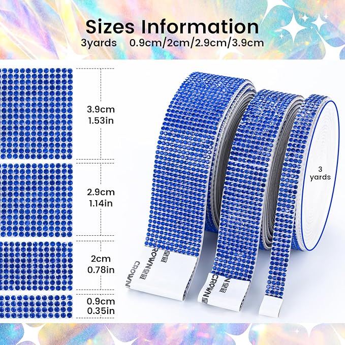 Novani Self Adhesive Rhinestone Ribbon, 1.53 Inch Wide 3 Yards 1 Roll, Royal Blue Crystal Diamond Bling Strips for DIY Crafts, Home Decor, Clothing,Shoes, Car Decoration