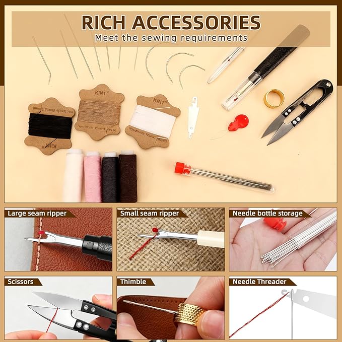 51Pcs Sewing Tool Set Heavy Duty Sewing Kit Big Eye Steel Sewing Needles Thread Kits Hand Sewing Kit for Upholstery Repair Leather Heavy Duty Thread Strong Large Eye Sewing Needle Seam Ripper Thimbles