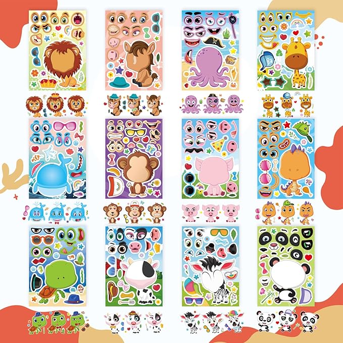 24 PCS Make a Face Stickers for Kids - Make Your Own Stickers Animal Mix and Match Sticker Sheets with Safaris, Sea and Farm Animals for Kids Party Favor Supplies Craft Activities Ages 3+