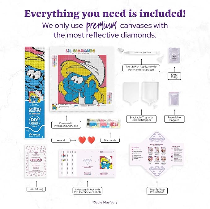 DIAMOND ART CLUB Smurfette Diamond Painting Kit, Fun DIY Crafts for Adults, Round Diamond Art Canvas, 9" x 9"