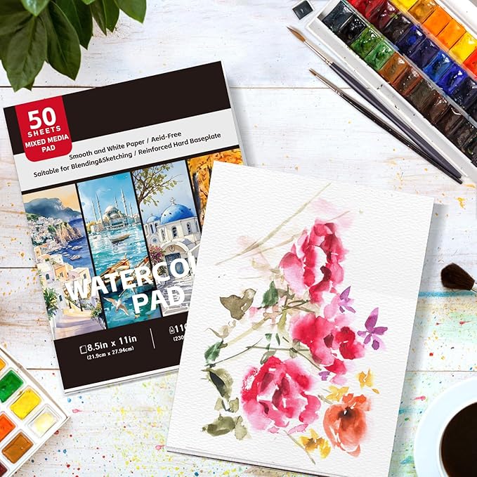 Tlenpo Watercolor Paper Pad, 8.5 x5.5 in, 110lb/230gsm, 50 Sheets, Water Color Pads for Acrylic, Gouache, Pencil. Painting Drawing Paper Book, Art Supplies for Adults, Teens, Kids