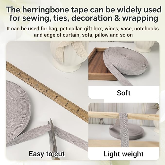 40 Yards Herringbone Twill Tape for Sewing,Lt Gray Pet Collar,Gift Wrapping Home Deco -3/4 inch Cotton Webbing Straps-Natural Bias Binding Tape for Handles, Crafting & DIY Projects