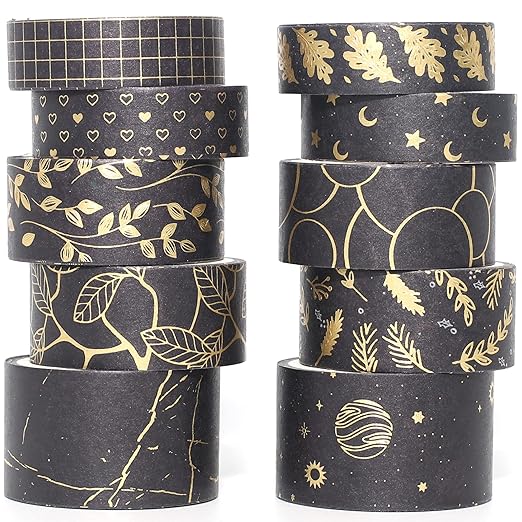 YUBX Creative Washi Tape Set 10 Rolls Gold Foil Print Decorative Masking Tapes for Arts, DIY Crafts, Journals, Planners, Scrapbook, Wrapping (Gold Dark)