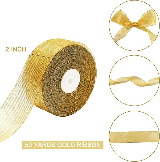 50 Yards Gold Glitter Ribbon 2 Inch, Sparkly Width Solid Fabric Ribbon for Gift Wrapping, Crafts, Holiday Wedding Birthday Party Decoration Flower Bouquet, 2 Inch Metallic Gold Ribbon Roll