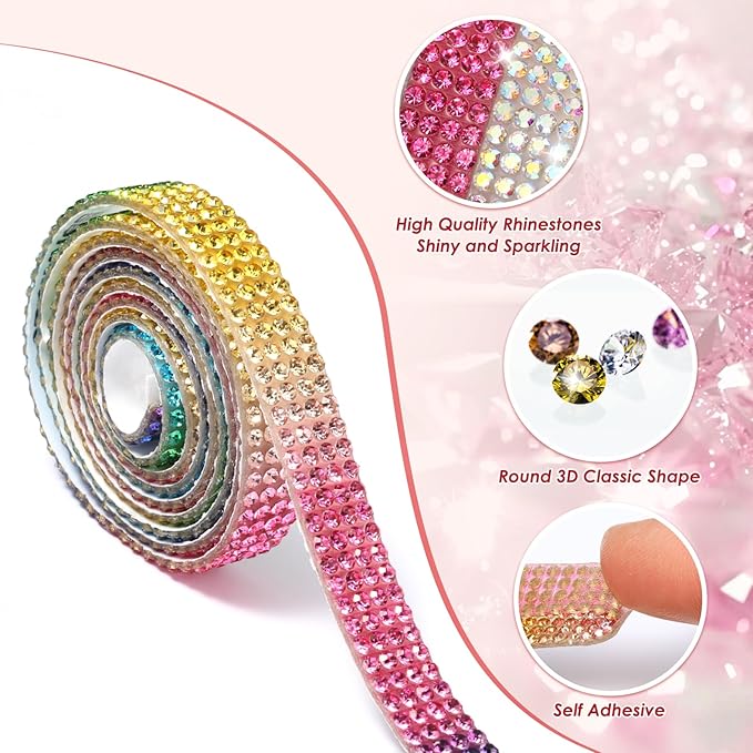 Rhinestone Ribbon Self Adhesive Crystal Rhinestones, 12-Rolls Bedazzling Strips, 12-Yard Rhinestone Strips for DIY Craft, Rhinestones for Crafting
