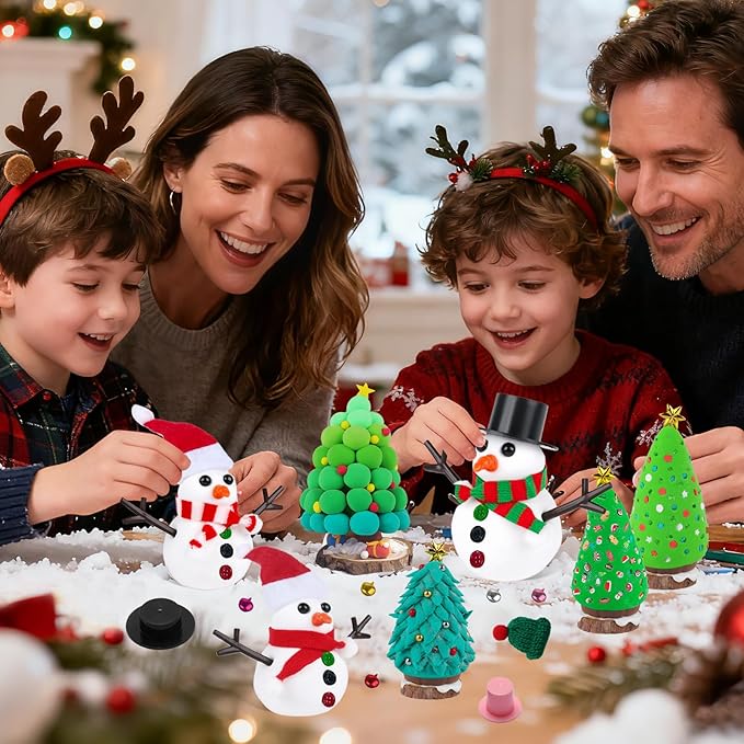 24 Pack Build a Snowman & Christmas Trees Clay Kit for Kids – Colorful Air Dry Clay Christmas Craft Set, Modeling Craft DIY Set, 2-in-1 Snowman Tree Activity, Creative Xmas Gift for Boys Girls