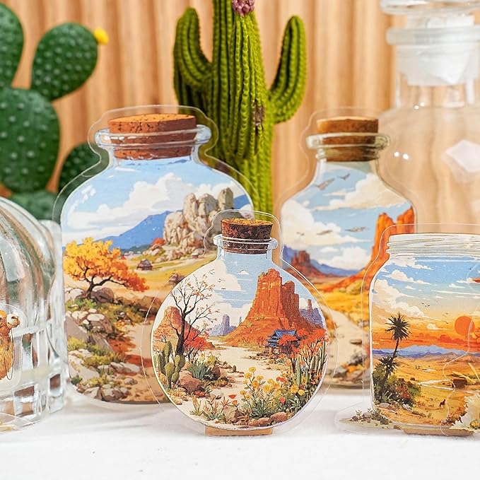90 Pieces Aesthetic Landscape Creation PET Sticker Set, 6 Pack Vintage Oil Painting Bottle Scenery PET Stickers for Scrapbooking, Journaling, Waterproof DIY Crafts, and Junk Journal