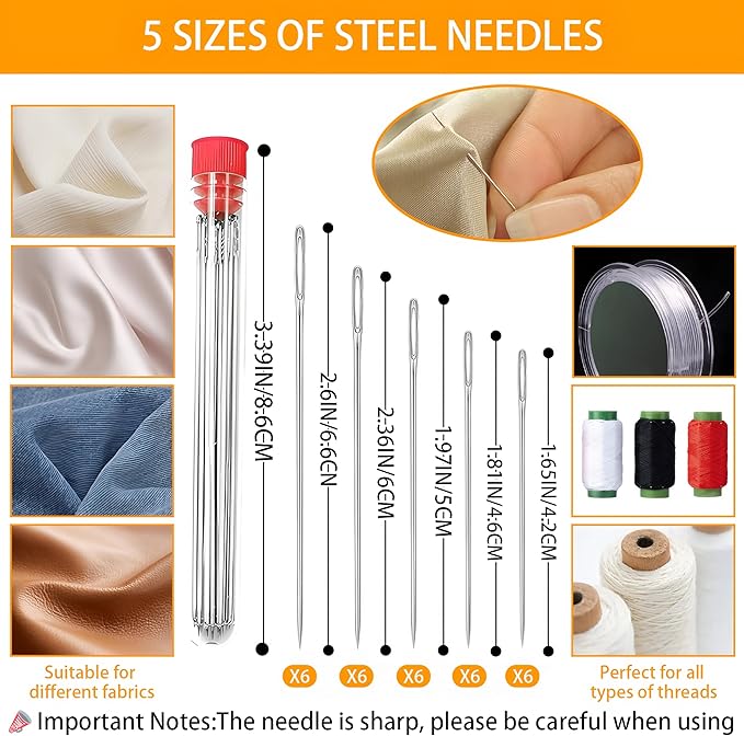 42PCS Sewing Kit,Sewing Tool Set,Sewing Supplies,Big Eye Steel Sewing Needle Kit,Stainless Steel Needles for Hand Sewing Kit w/Thread Ripper,Needle Threaders,Threads and Thimbles for Adults,Beginners